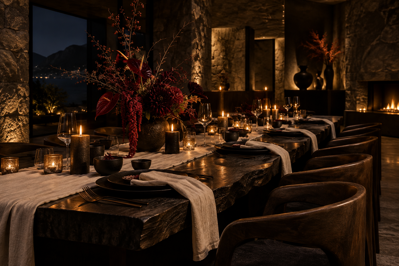 Candlelit dinner table at NOCTIS HOUSE