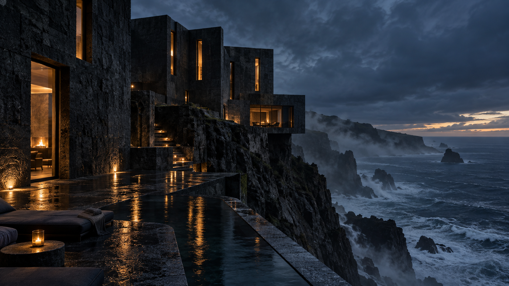 NOCTIS HOUSE on the Atlantic cliff at blue hour